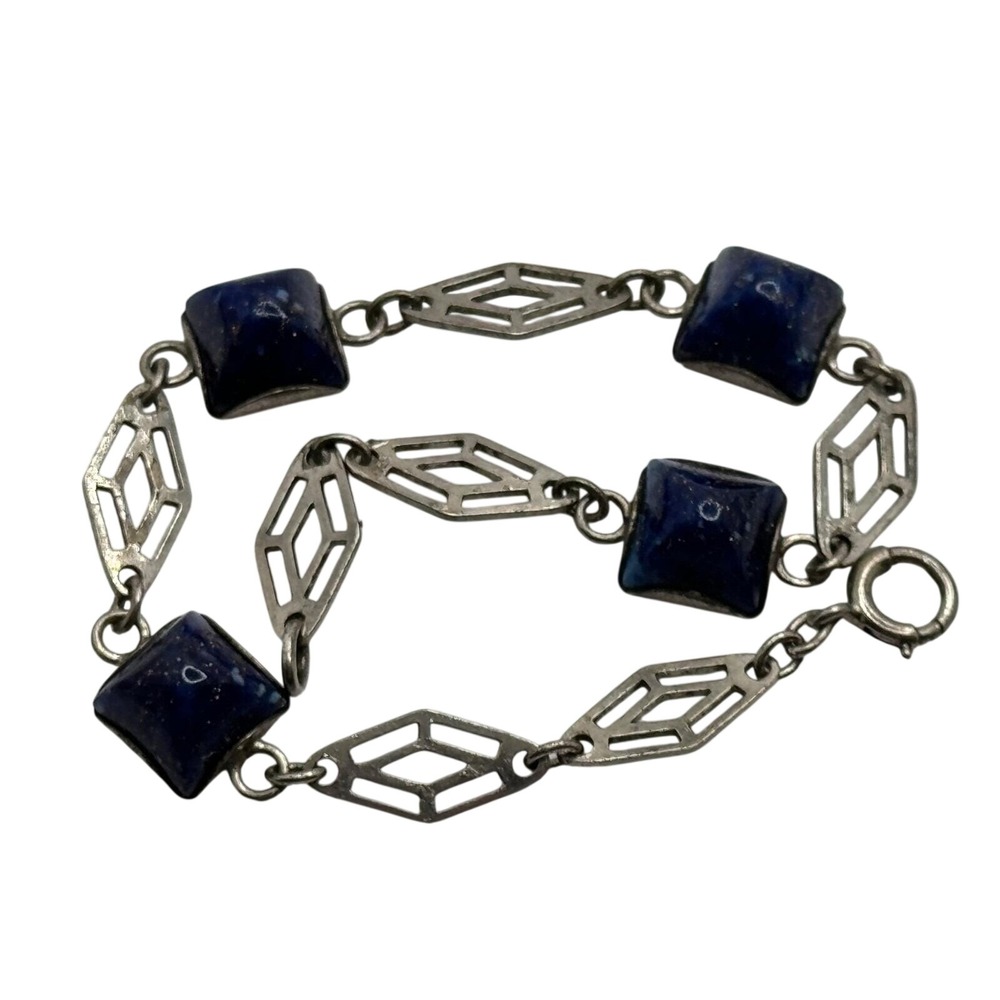 Vintage Sterling Silver Blue Glass‎ Bracelet Binder Bros Brothers Art Deco